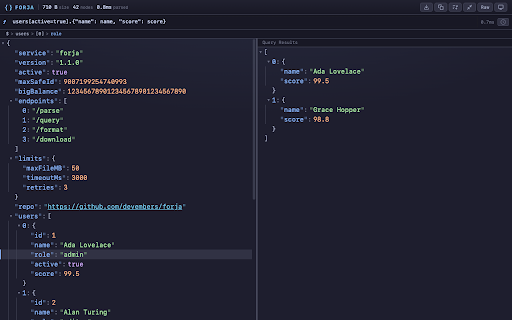 Forja - JSON Viewer & Formatter with JSONata :: JSON viewer and formatter with built-in JSONata querying, lossless big numbers, tree view, syntax highlighting, and dark mode.