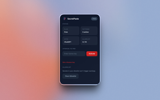 SecretPaste - AI Chat Secret Guard :: Detects API keys, tokens, and credentials in your clipboard before pasting into AI chat services. 100% local, no data sent anywhere.