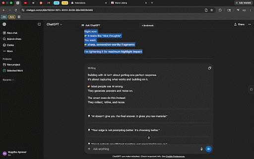 Magpie :: Highlight any text in AI chats to bookmark it. Scroll back to it instantly. Select multiple bookmarks to combine them.