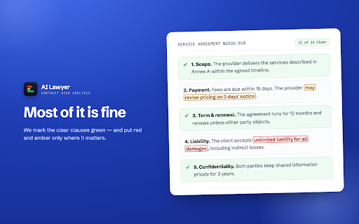 AI Lawyer :: This AI Lawyer is a fast document review tool and risk highlighter that flags fines, penalties, and other clauses in your contracts.