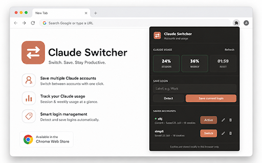 Claude Account Switcher :: Save and switch between multiple claude.ai logins with one click.