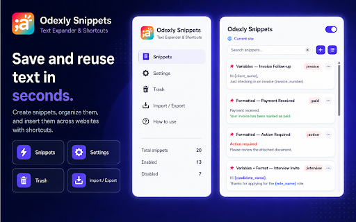 Odexly Snippets – Text Expander & Shortcuts :: Save reusable text snippets and insert them instantly with shortcuts on any website.