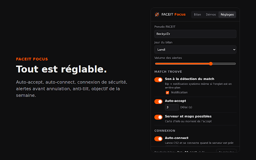 FACEIT Focus :: Masque les statistiques sur faceit.com et les remplace par un bilan hebdomadaire, avec des outils pour tes matchs.