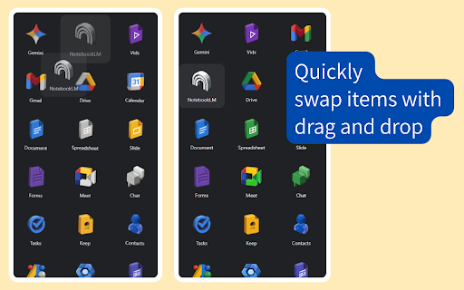 Simple Google Apps Launcher :: Personalize your Google Apps launcher in the Chrome toolbar: drag-and-drop ordering