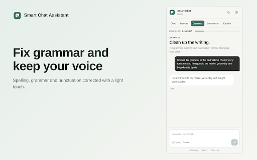 Smart Chat Assistant: AI Writing & Chat :: AI writing assistant in your side panel. Chat, rewrite, fix grammar, summarize and explain text without leaving the page.
