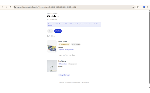 Threaded :: Save anything you want from any store into a shareable wishlist, sized and noted, so gift-givers know exactly what to get.