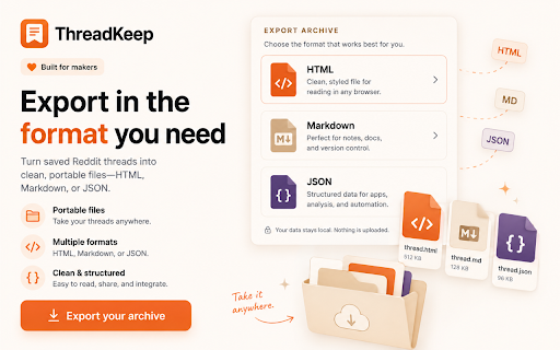 ThreadKeep for Reddit :: Capture Reddit threads, save them to history, and export them as HTML, Markdown, or JSON.