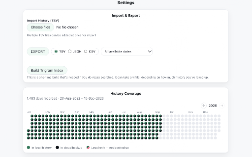 Save Full History(>90 days) + Cloud Backup(Cloudflare R2) :: Browse and search your full browsing history, with no 90-day limit, and back it up to your own Cloudflare R2 bucket.