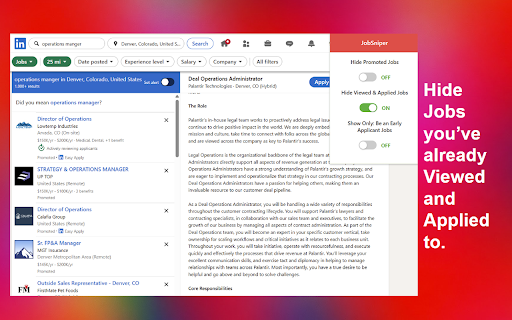 Job Sniper: LinkedIn Job Filters - Hide Promoted & Viewed Jobs :: Jobs Sniper adds 3 filters to LinkedIn job search, hide promoted jobs, hide viewed jobs, and see only “be an early applicant.”