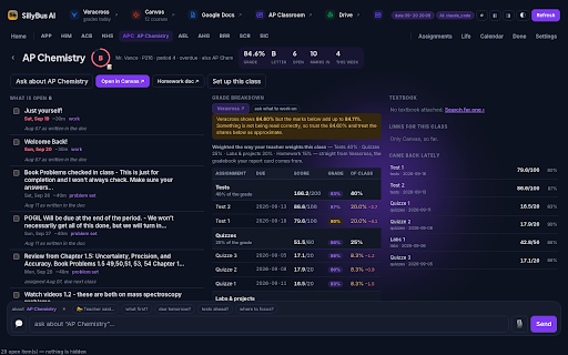 SillyBus AI :: Your homework, grades and schedule, read from Canvas and your teachers' docs inside the Chrome you already use.
