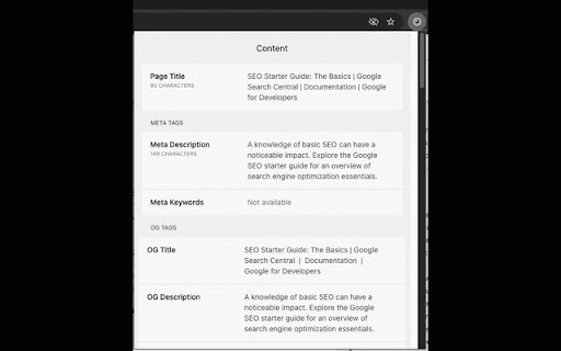 SEO Peek :: Just one click to get a quick peek into on-page SEO factors of the web page you visit in the browser.