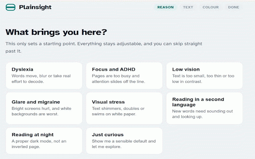Plainsight: Dyslexia Font, Reading Ruler, Colour Overlay & Dark Mode :: Make any site easier to read: dyslexia fonts, spacing, colour overlays, reading rulers, dark mode, read aloud. Free, no account.