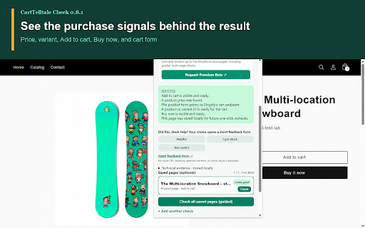 CartTelltale Check – Shopify Change Detector :: Run a one-click Shopify product-page readiness check and recheck saved storefront elements after updates.