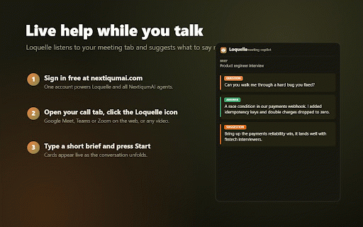 Loquelle: Live Meeting Assistant by NextiqumAI :: Live questions, answers and talking points during any online call, shown in a side panel. Uses your NextiqumAI account.