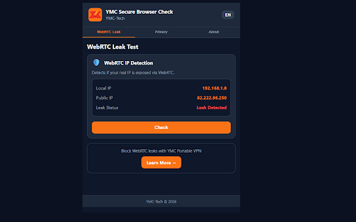 YMC Secure Browser Check :: WebRTC leak test, browser fingerprint, security headers, cookie security. Check your browser privacy. By YMC-Tech.