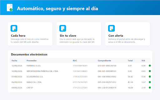 SRI → Documentos electrónicos :: Descarga los comprobantes recibidos del SRI y los sube a tu módulo de Documentos electrónicos. Automático cada hora.
