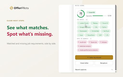 OfferPilots — AI Resume Tailoring, Job Match Score & Interview Prep :: Tailor your resume to a job posting using your own saved profile. Match score, missing keywords, interview prep. Free account.