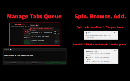 WebMixer :: Control two YouTube tabs with any standard hardware DJ controller.