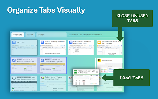 FirstTab - Visually Switch and Manage Your Tabs :: Allows for visual tab and recent document selection. Provides instant search across your work. Helps organize tabs to avoid chaos.