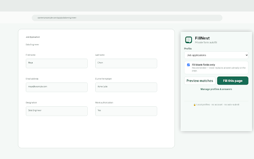 FillNest — Private Form Autofill :: Fill repetitive web forms from reusable local profiles. No account, no server, no automatic submission.