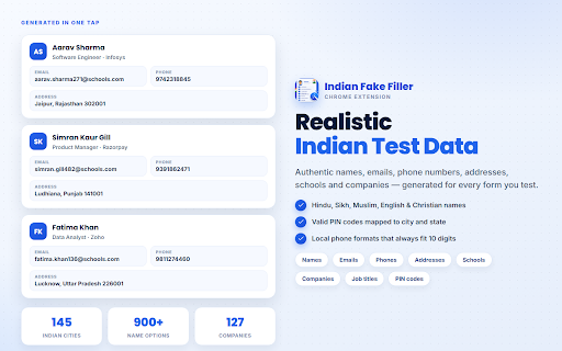 Indian Fake Filler :: Fill any form with one click — realistic Indian test data for names, phones, addresses, IDs and more.