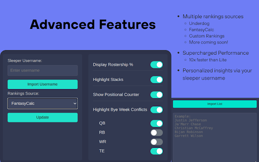 DraftCompass Pro :: Level up your drafts by integrating customized rankings sources and user-specific insights into Sleeper draft-rooms.