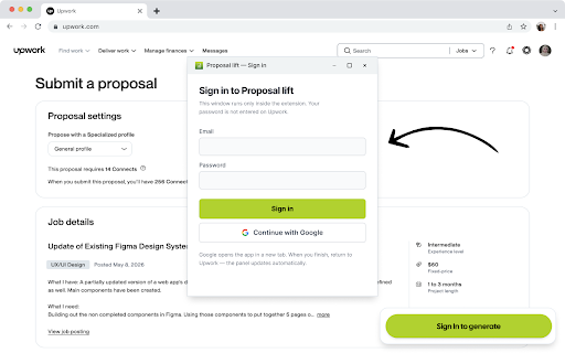 Proposal Lift :: Draft proposals on Upwork job pages using your app personas and templates. You always submit manually.