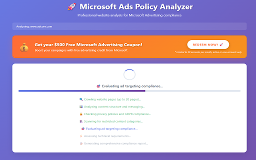 Microsoft Ads Policy Analyzer :: Professional website analysis for Microsoft Advertising policy compliance with real-time scanning and comprehensive reporting.