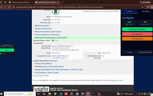 USPTO Data Scraper :: Extract trademark serials, marks, dates & correspondent contact info from USPTO TSDR — export to Excel instantly.