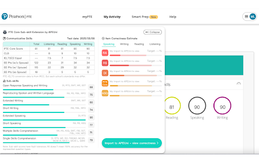 PTE Sub-skill by APEUni :: Install the extension and open your PTE score report webpage to instantly view all sub-scores!