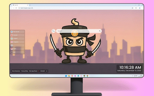 Cappuccino Assassino Brainrot Live Wallpaper :: Ninja coffee cup warrior with dual swords, latte art badge against sunset city skyline.