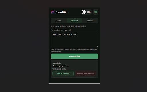 ForcedSkin – Dark Mode & Custom Website Themes :: Apply dark mode, light mode, or custom color themes to any website. Recolor backgrounds, text, links, borders, and forms.