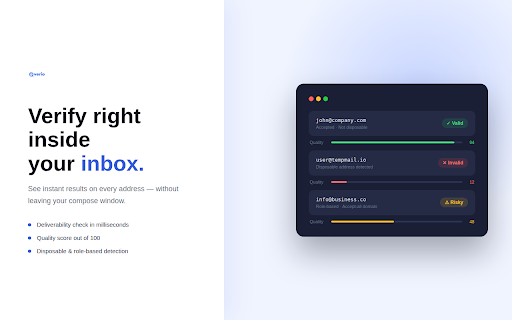 Qverio Email Verifier :: Instantly verify email addresses in your compose window. See validity, quality score, and risk signals before you send.
