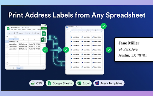 Address Label Maker for Google Sheets™ :: Create address labels from CSV, Excel, or Google Sheets™ links. Supports Avery 5160/5163, A4, and US Letter layouts.