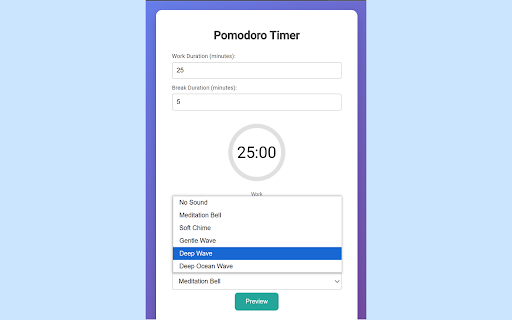 Pomodoro Timer :: Pomodoro Timer Chrome extension auto-cycling work/break sessions, custom durations, soothing sounds, visual progress & widget mode.
