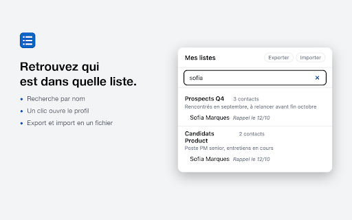Carnets :: Rangez vos contacts LinkedIn en listes, depuis leur page de profil. Sans compte, sans serveur : tout reste dans votre navigateur.