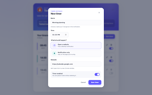 Timer :: Open a website or receive a notification at the time you choose.