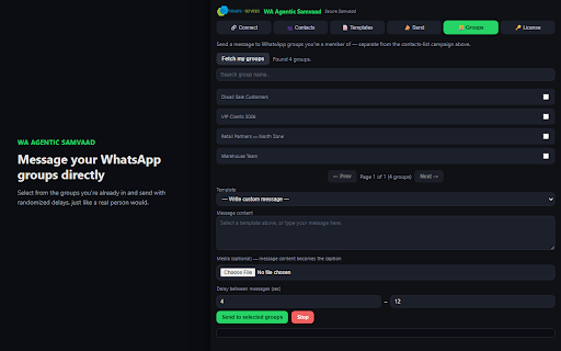 WA Agentic Samvaad :: Secure Samvaad by Inovare Services — WhatsApp bulk messaging via your own open WhatsApp Web tab. No cloud API required.
