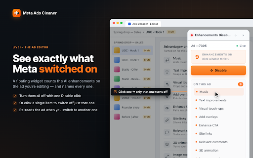 Meta Ads Enhancements Disabler :: One-click disable for Meta Advantage+ AI enhancements. Bulk across drafts, 70 categories, undo, whitelist. No account, no tracking.