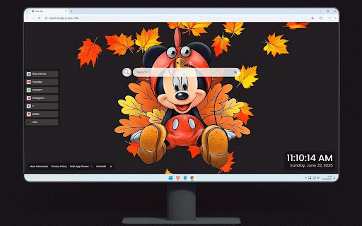 Mickey Mouse Thanksgiving Live Wallpaper :: Mickey Mouse in turkey costume surrounded by colorful autumn leaves on dark background.