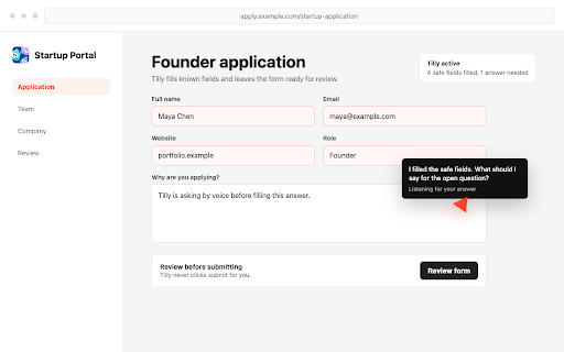 Tilly :: AI form-filling buddy that fills forms from your profile and asks what's missing by voice.