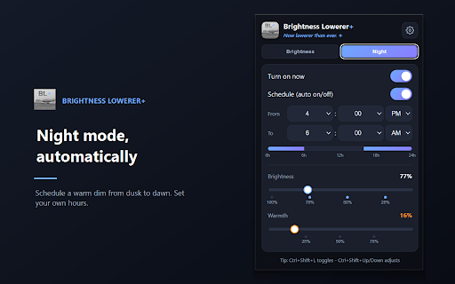 Brightness Lowerer Plus :: Lower any page's brightness. Blue-light filter with warm tones, a night-mode schedule, color themes, and hotkeys. Zero tracking.