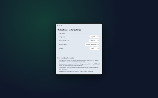Codex Usage Meter :: Shows your ChatGPT Codex usage limits and credits at a glance. Unofficial, not affiliated with OpenAI.