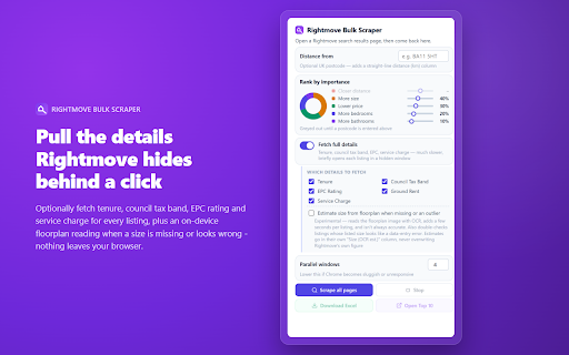 Rightmove Bulk Scraper :: Scrape price, beds, size, tenure and more for every listing on a Rightmove search results page, with Excel export.