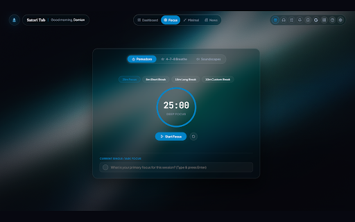 Satori Tab :: A calm, customizable new tab with widgets, ambient soundscapes, focus tools, and a smart search bar in a glassy dashboard.