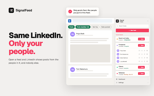 SignalFeed: Custom LinkedIn Feeds & Focus Lists :: Build custom LinkedIn feeds of clients, prospects and leads. See only their posts, skip the algorithm, and never miss an update.