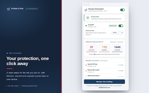 Penaxtra AI Guardrail :: Local AI DLP: blocks secrets, API keys and PII in your prompts and files on ChatGPT, Claude, Gemini and 150+ AI sites.