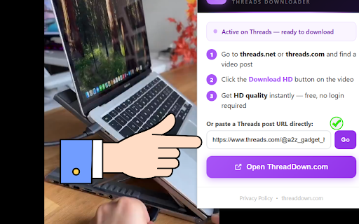 Threads Video Downloader — ThreadDown :: Download Threads videos in HD quality. Button appears directly on Threads posts. Free, no login required.
