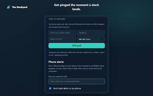 Stackyard — Card Offer Stacker :: Stop doing buying-group math in a spreadsheet. See what a deal really makes once your card offer and portal stack on top.