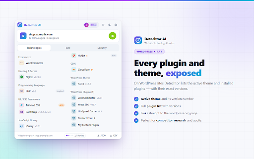 Detechtor AI - Website Technology Checker & Tech Stack Detector :: Detechtor AI checks what any website is built with — CMS & WordPress theme detector, frameworks, analytics, CDN, tech stack.